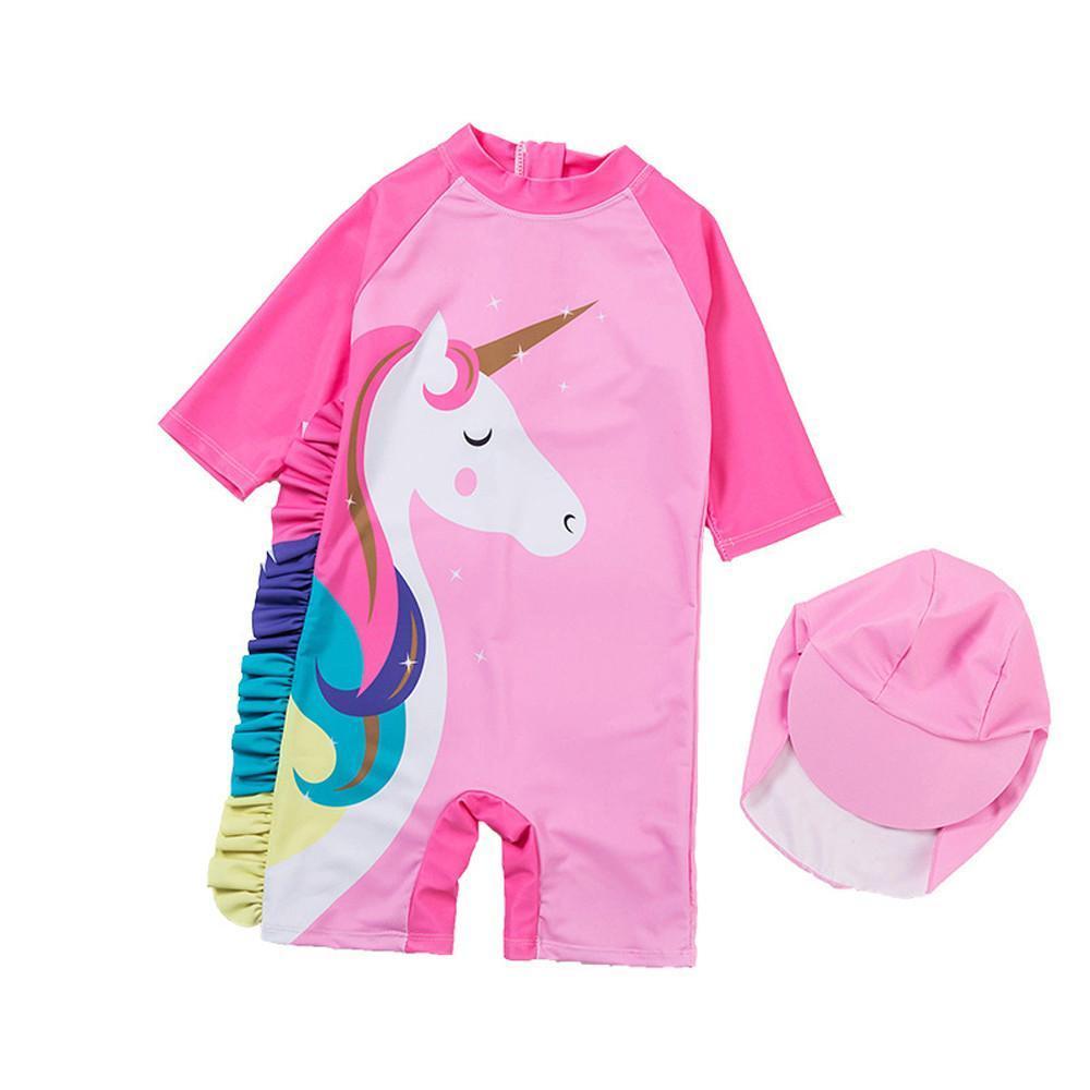Girls One Piece Swimsuit Long Sleeve Unicorn Bathing Zip Suit with Hat