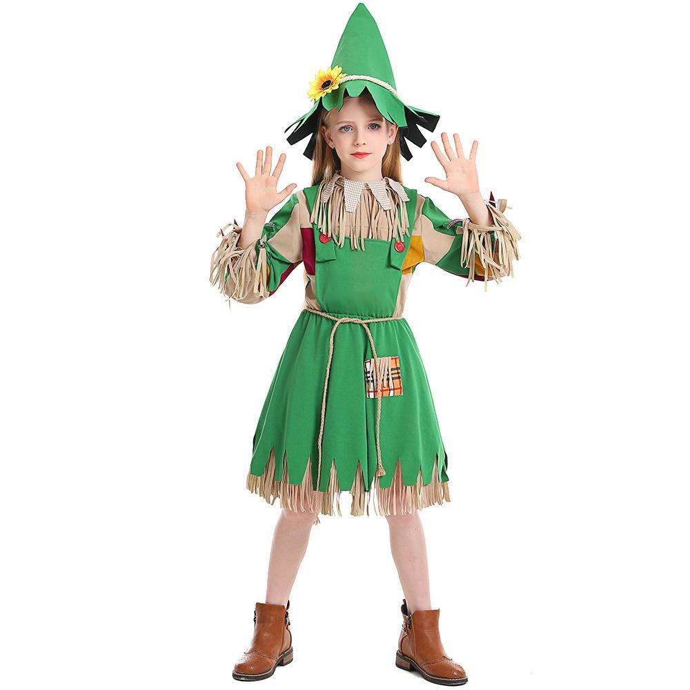 green girl fringed puppet scarecrow costumes dress for Kids