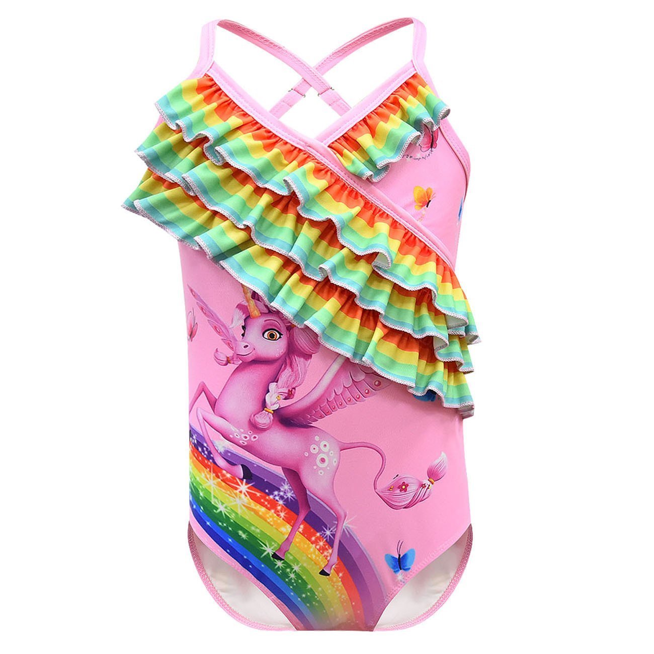 Girls One Piece Swimsuits unicorn Print Ruffle Swimwear Cross-strap sling Swimwear