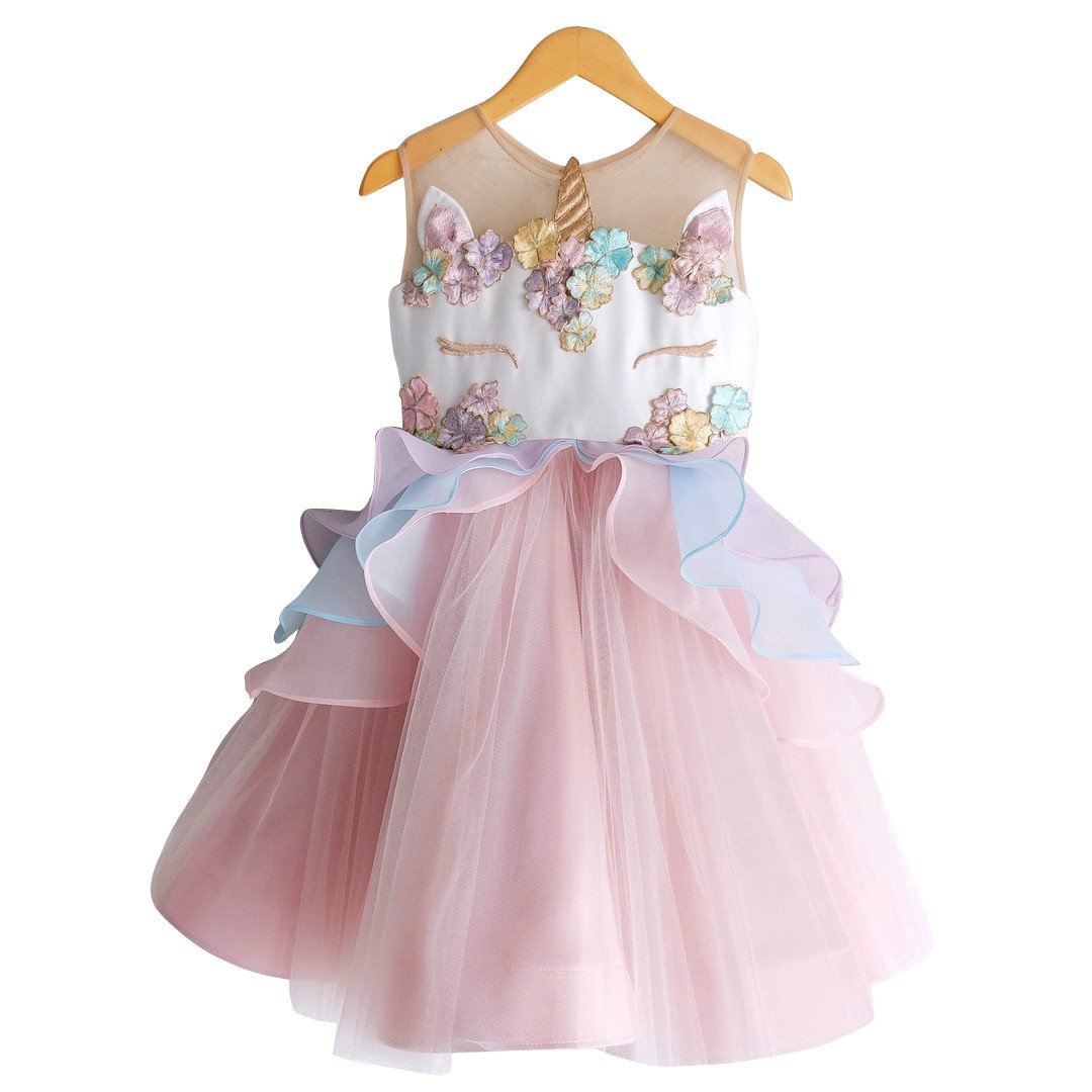Unicorn Flower Applique Tulle Sleeveless Princess birthday Dress