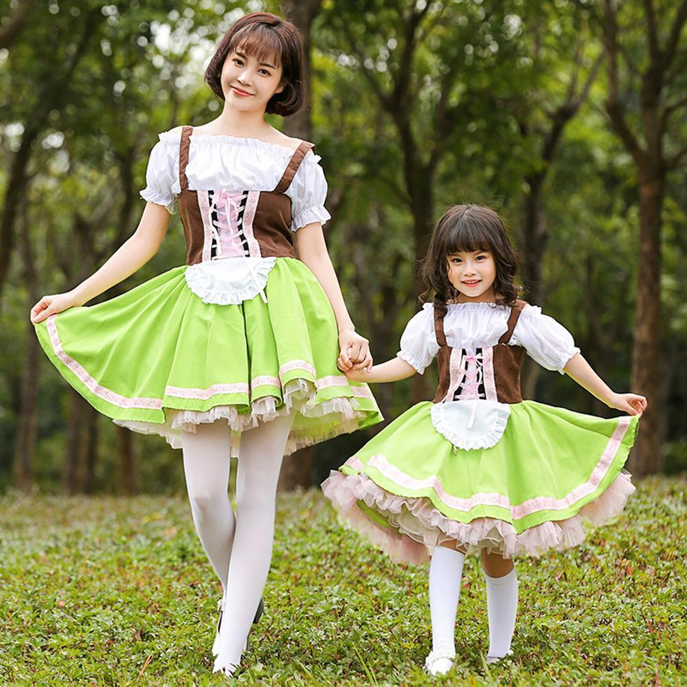 Grass green performance cosplay costumes dress for mom and me