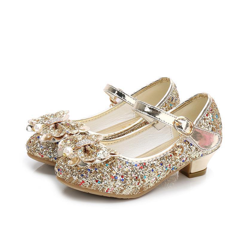 Girls Chunky Glitter Rock Bow Mary Jane Heels Dress Shoes
