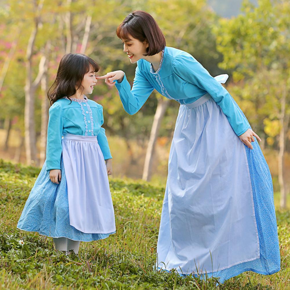 Farm Picnic Light Blue Long Sleeve Polka Dot cosplay costumes dress for mom and me