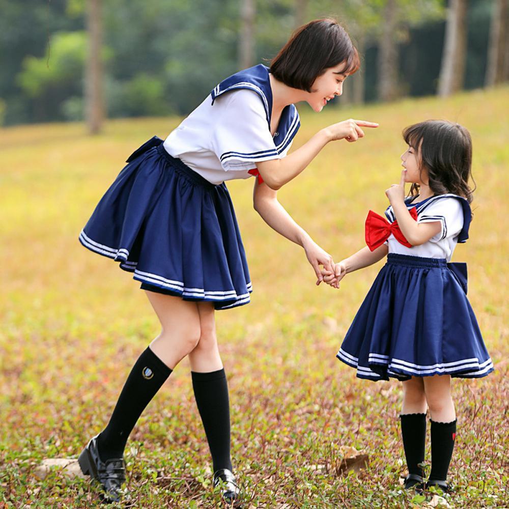 Japanese JK school uniform sailor cosplay navy tricolor bow tie Dress for Mom and Me