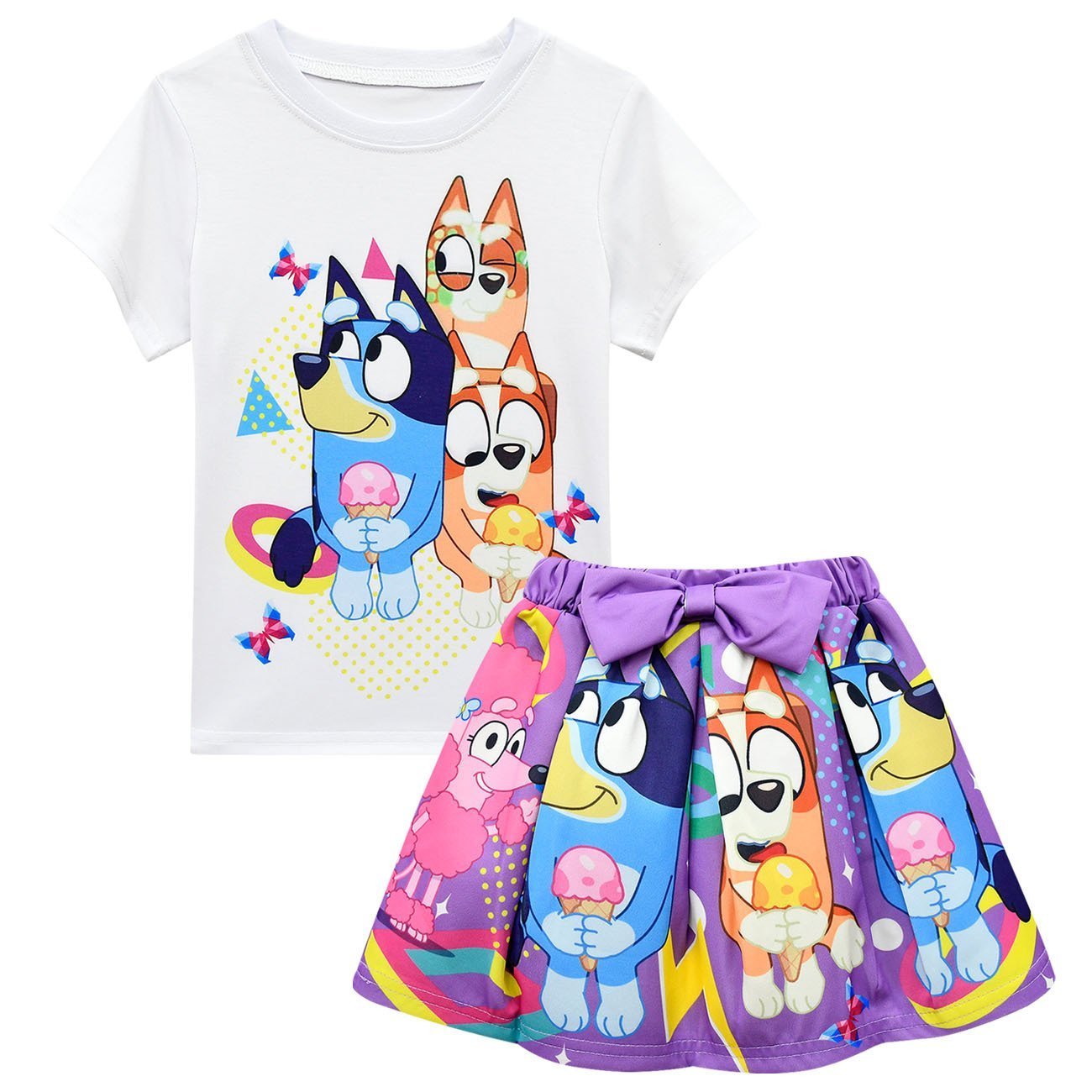 Bruy Short Sleeve Cartoon Pleated Skirt Bag Hat Set