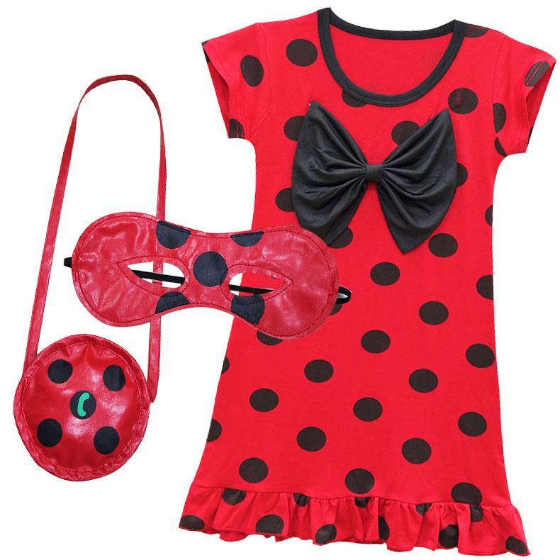 Girls Ruffled short sleeve bow Red black Dot Miraculous Ladybug Dress Kids Cosplay Ladybug Costume Party Costume