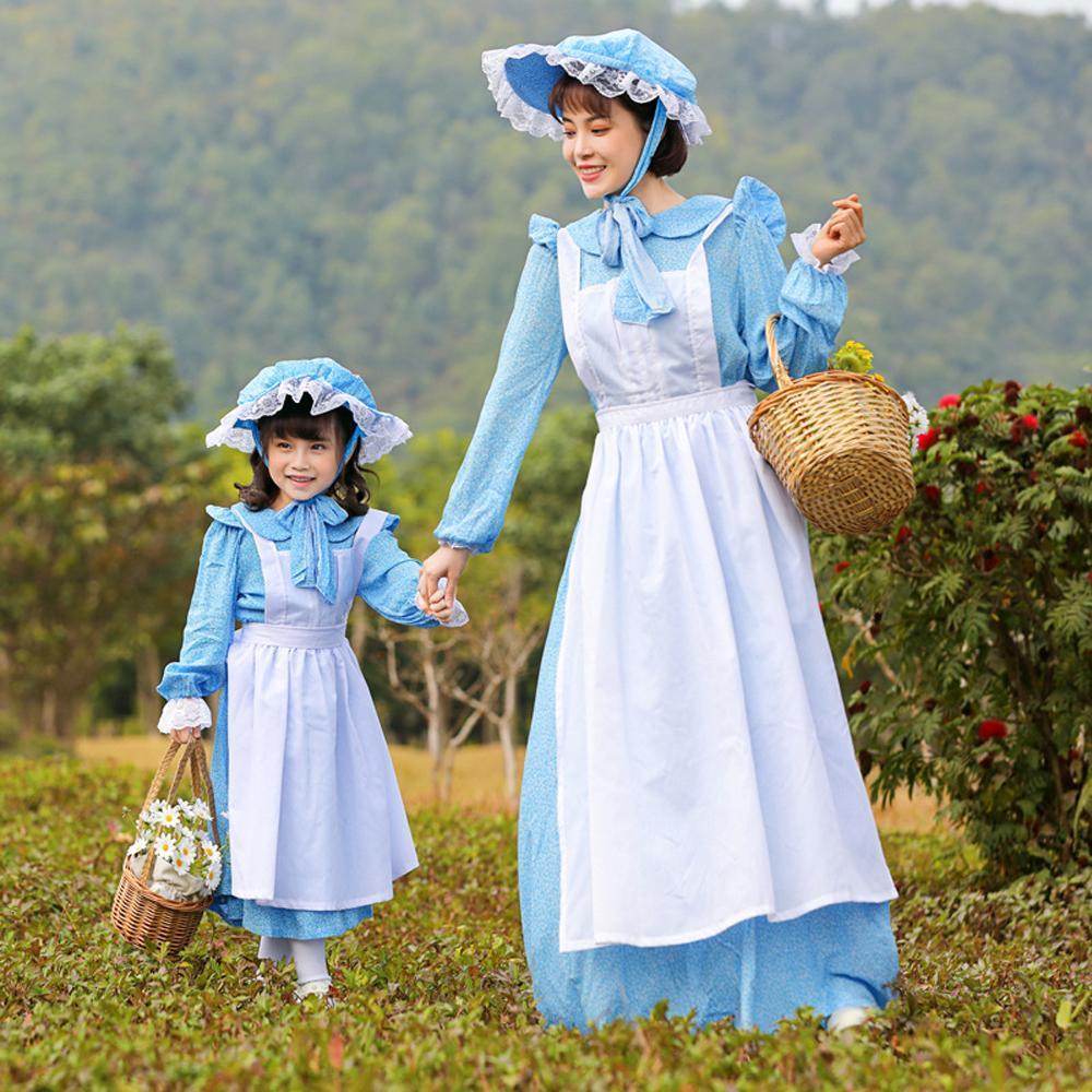 Light blue maid cosplay costumes dress for mom and me