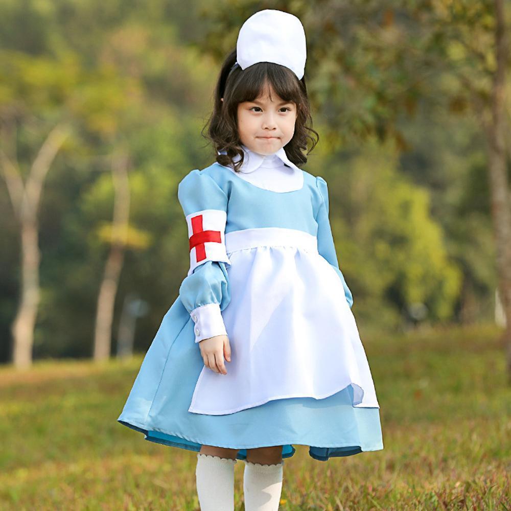 Blue and white maid Nurse cosplay costumes dress for adult and kids