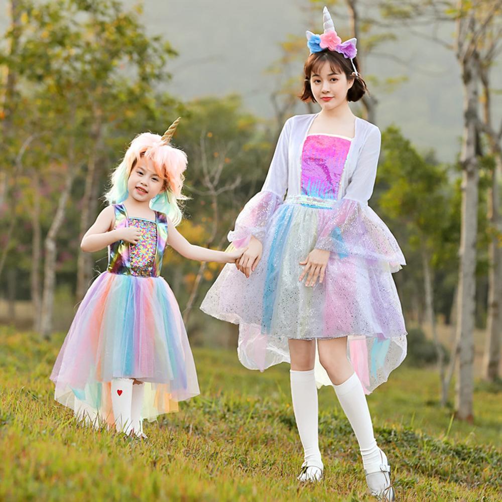 Rainbow unicorn candy color cosplay costumes dress for mom and me