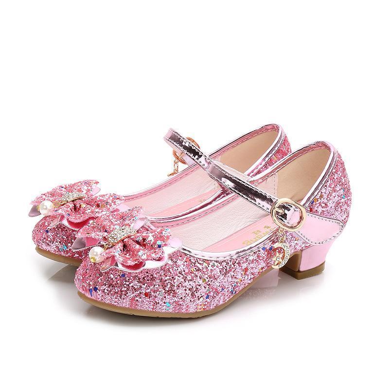 Girls Chunky Glitter Rock Bow Mary Jane Heels Dress Shoes