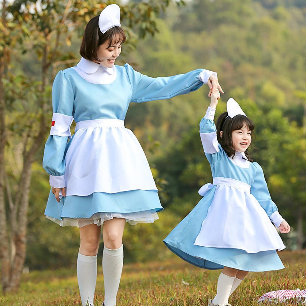 Blue and white maid Nurse cosplay costumes dress for adult and kids