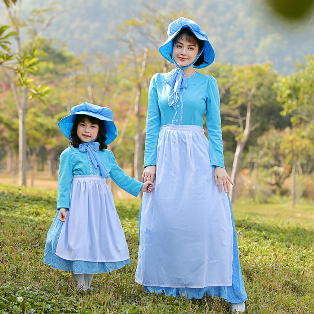 Farm Picnic Light Blue Long Sleeve Polka Dot cosplay costumes dress for mom and me