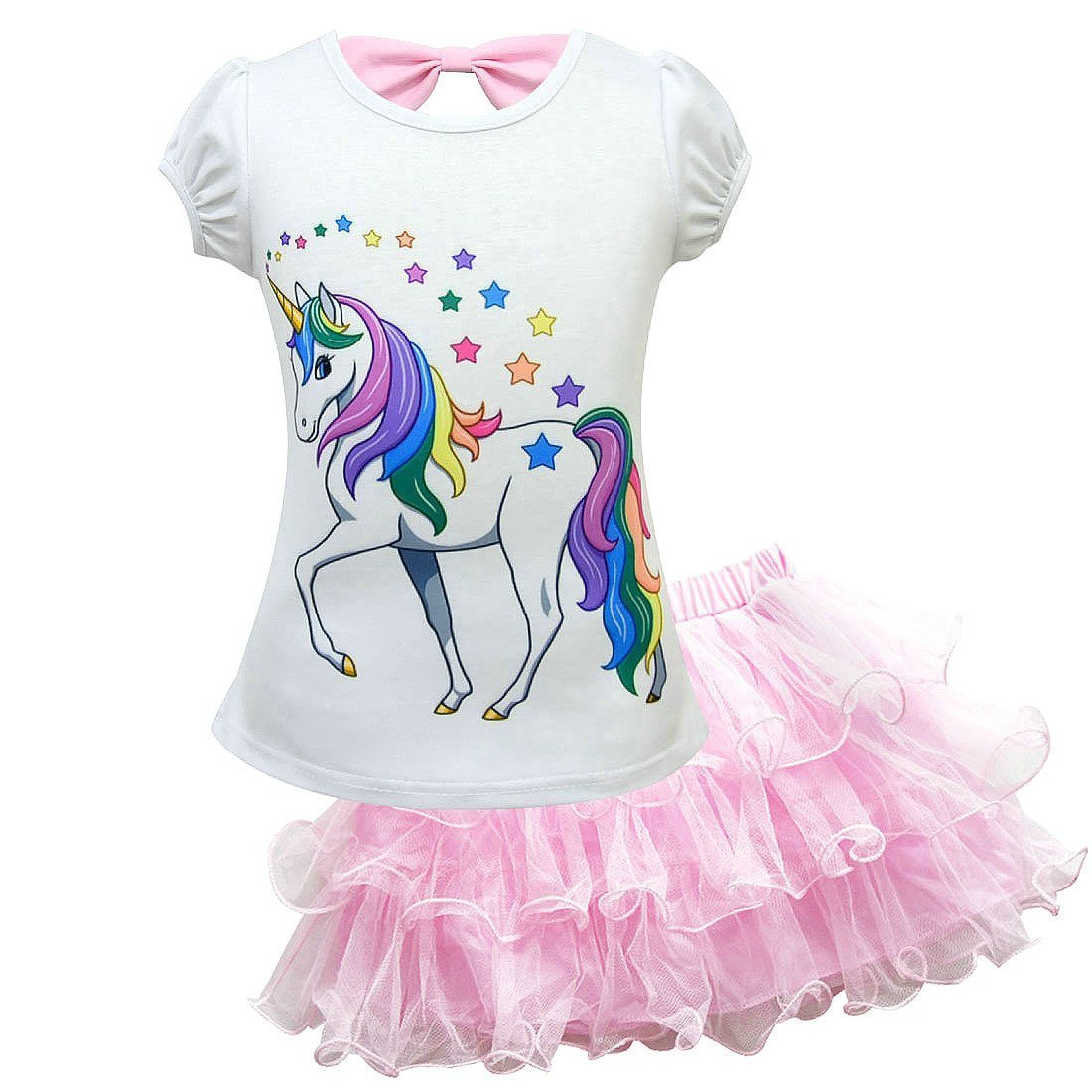 Unicorn Cartoon Mesh Tutu Dress Short Sleeve T-shirt Set for Kids