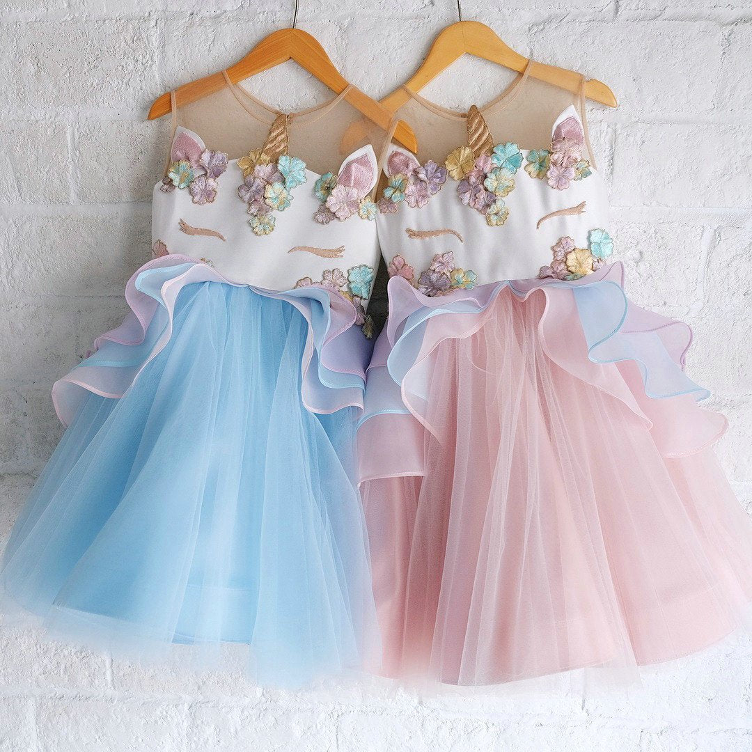 Unicorn Flower Applique Tulle Sleeveless Princess birthday Dress