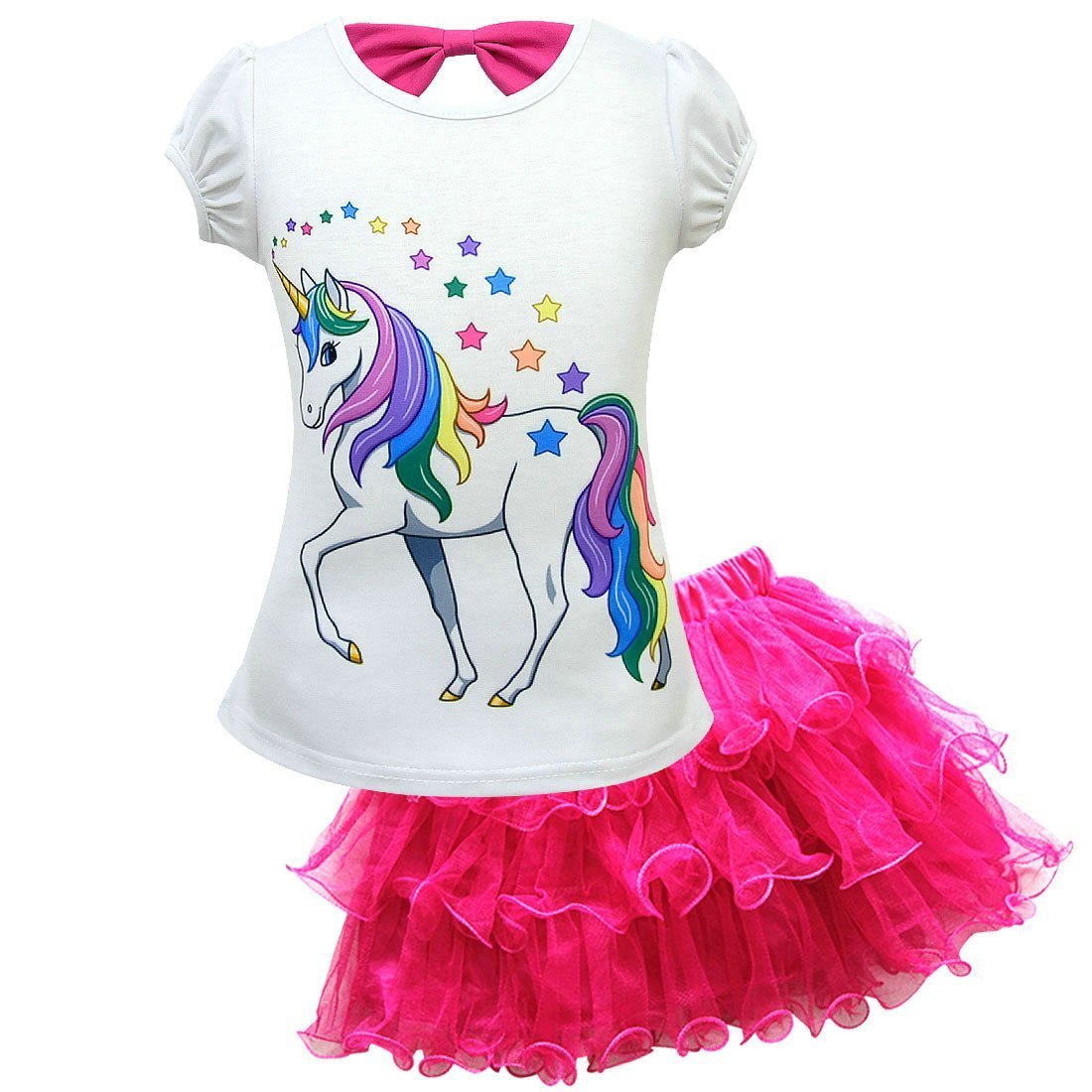 Unicorn Cartoon Mesh Tutu Dress Short Sleeve T-shirt Set for Kids