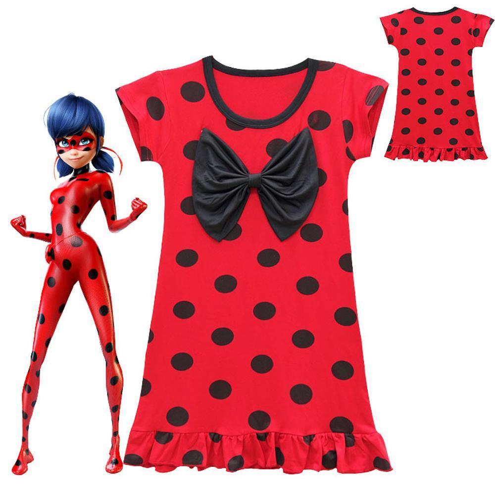 Girls Ruffled short sleeve bow Red black Dot Miraculous Ladybug Dress Kids Cosplay Ladybug Costume Party Costume