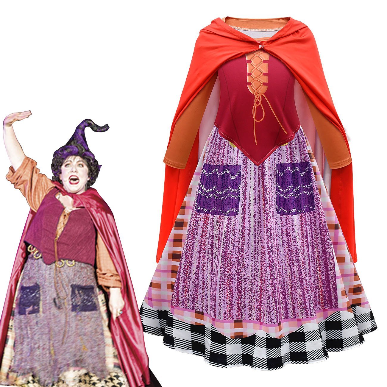 Girls' Hocus Pocus Mary Sanderson Cosplay Costumes Halloween long dress cape  Outfit For Kids