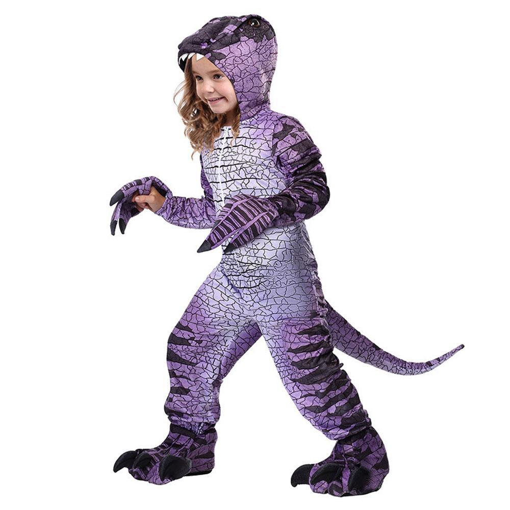 Ravenous Raptor Dinosaur Cosplay Costume Purple Hooded Jumpsuit Outfit Halloween for Kids