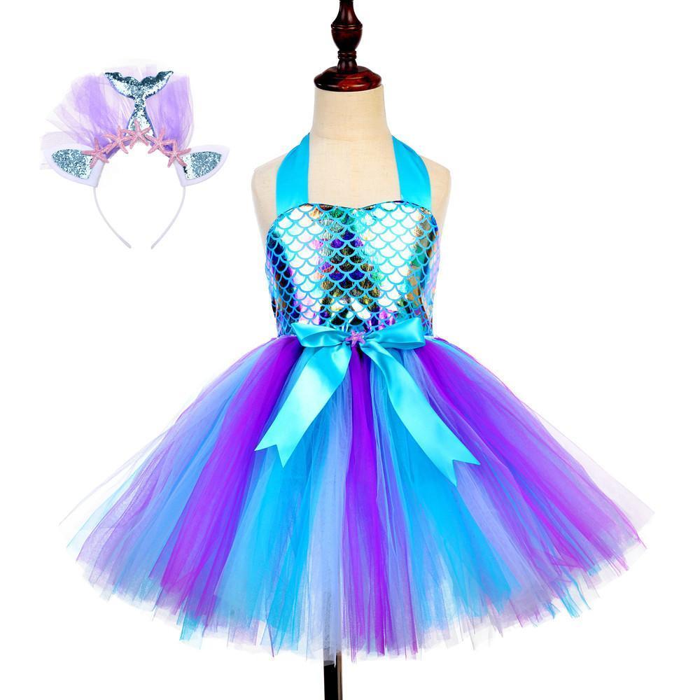 Girls Mermaid Tutu Dress Birthday Party Mermaid Costume Sequins Dress
