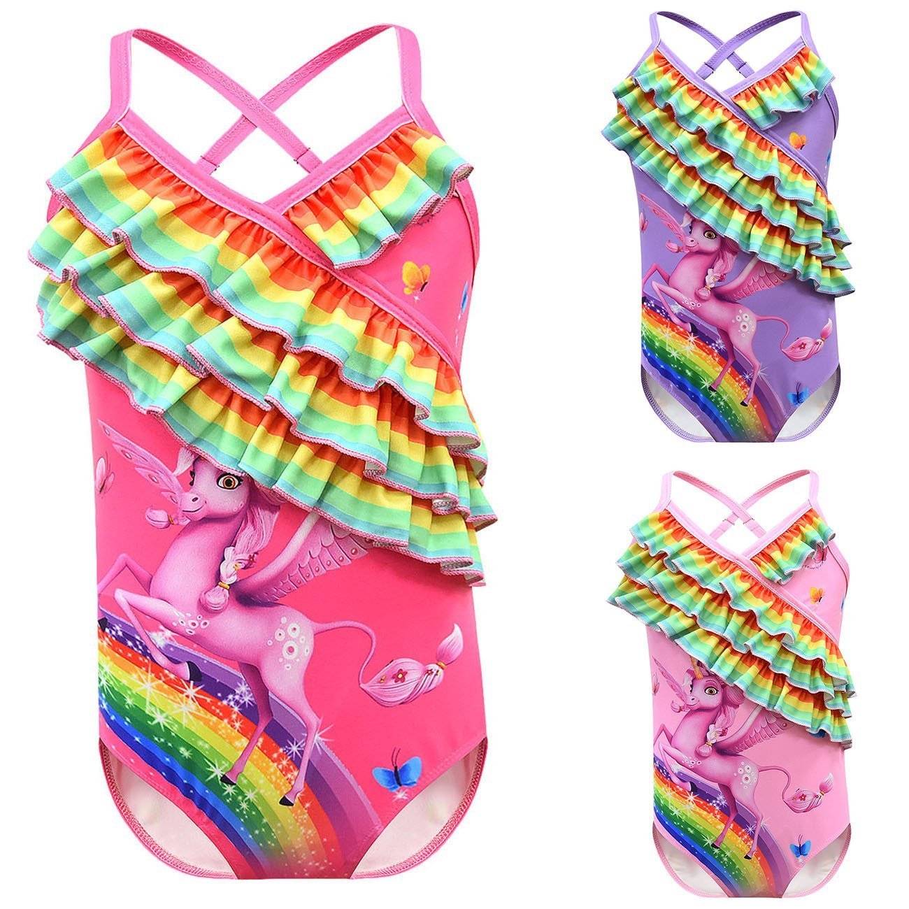 Girls One Piece Swimsuits unicorn Print Ruffle Swimwear Cross-strap sling Swimwear