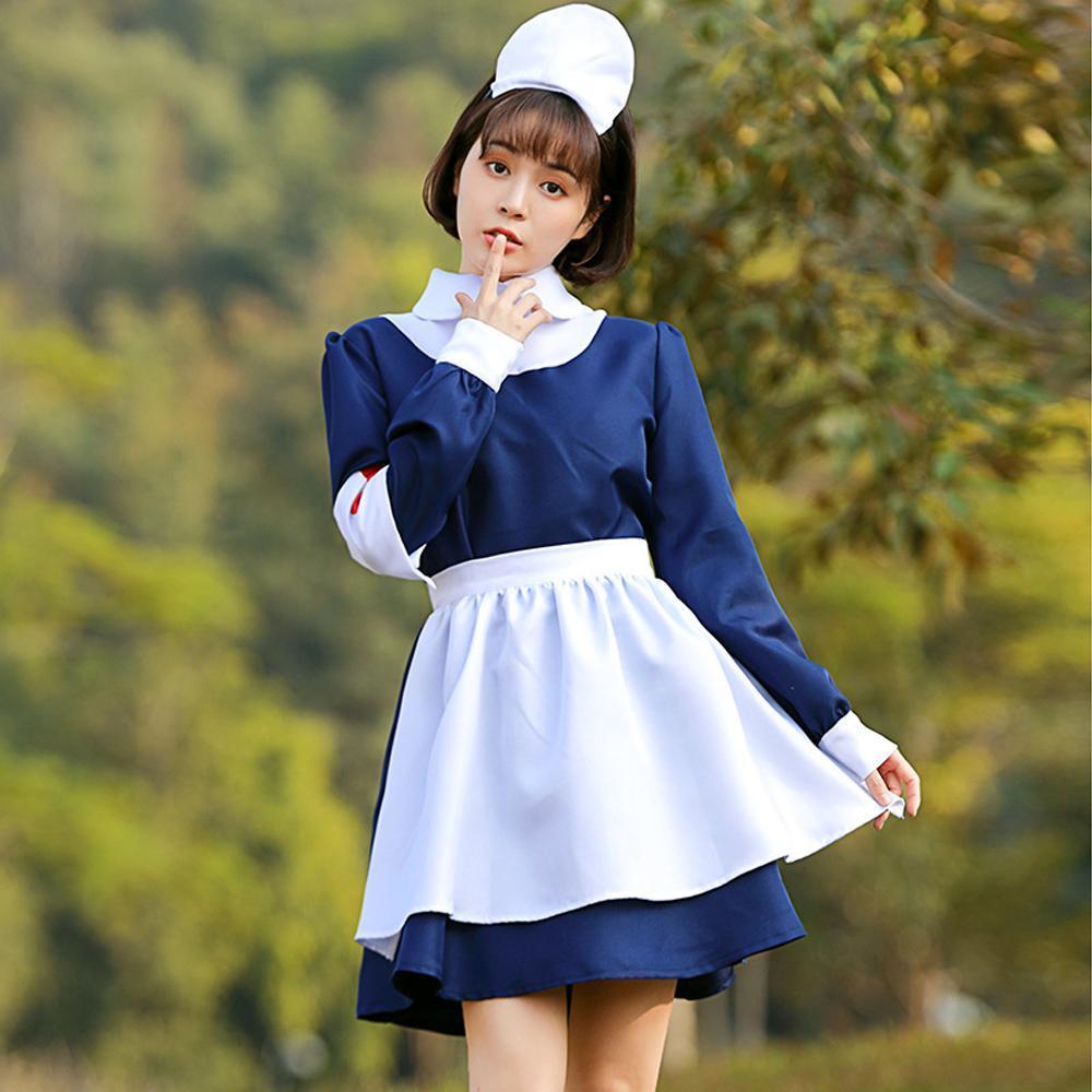 Blue and white maid Nurse cosplay costumes dress for adult and kids