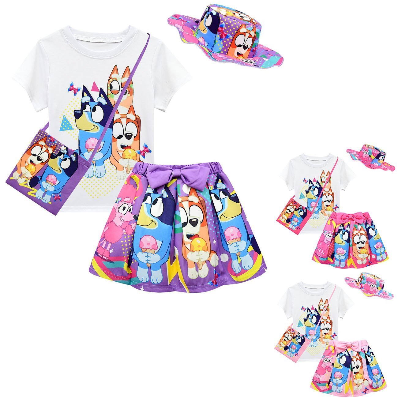 Bruy Short Sleeve Cartoon Pleated Skirt Bag Hat Set