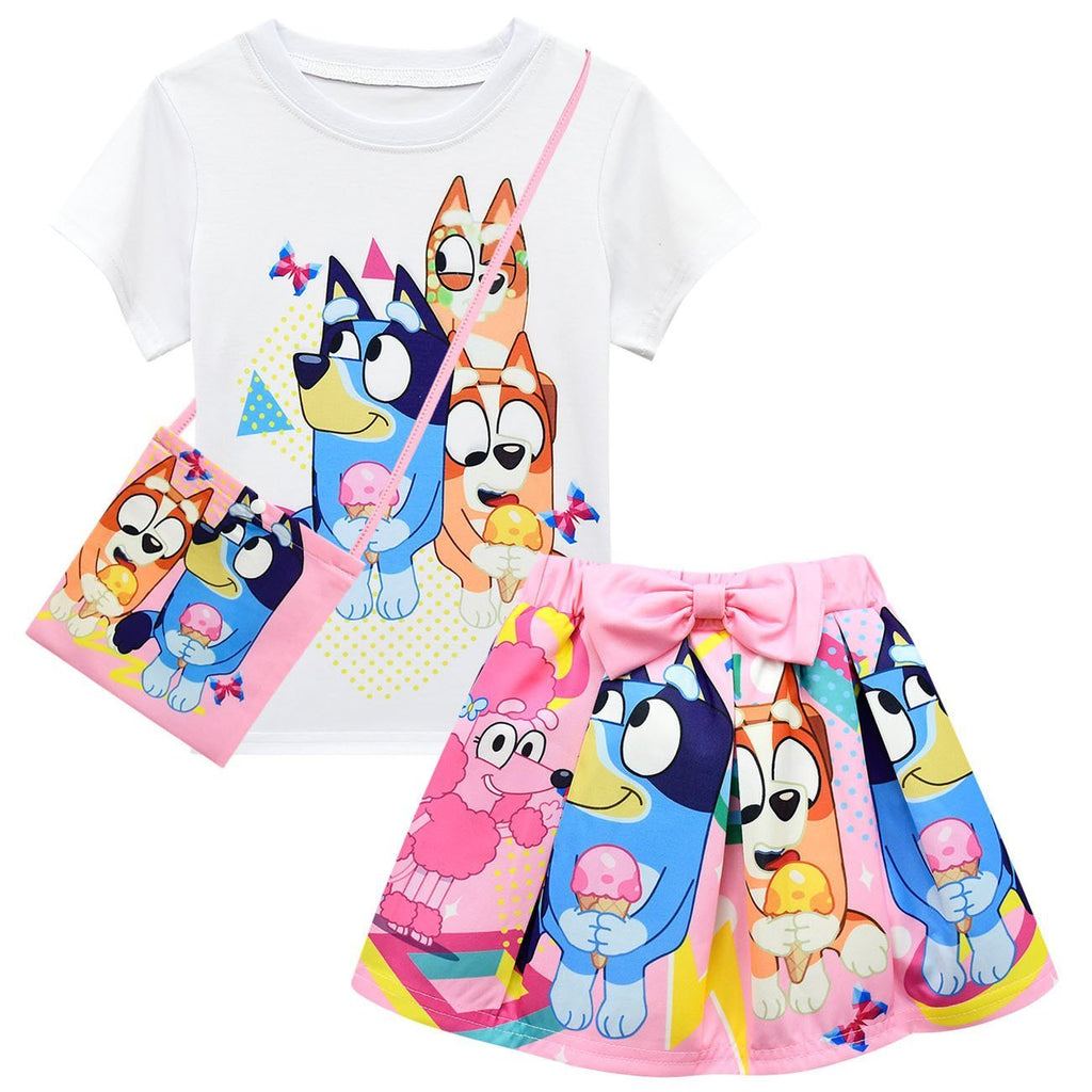 Bruy Short Sleeve Cartoon Pleated Skirt Bag Hat Set - Azufun