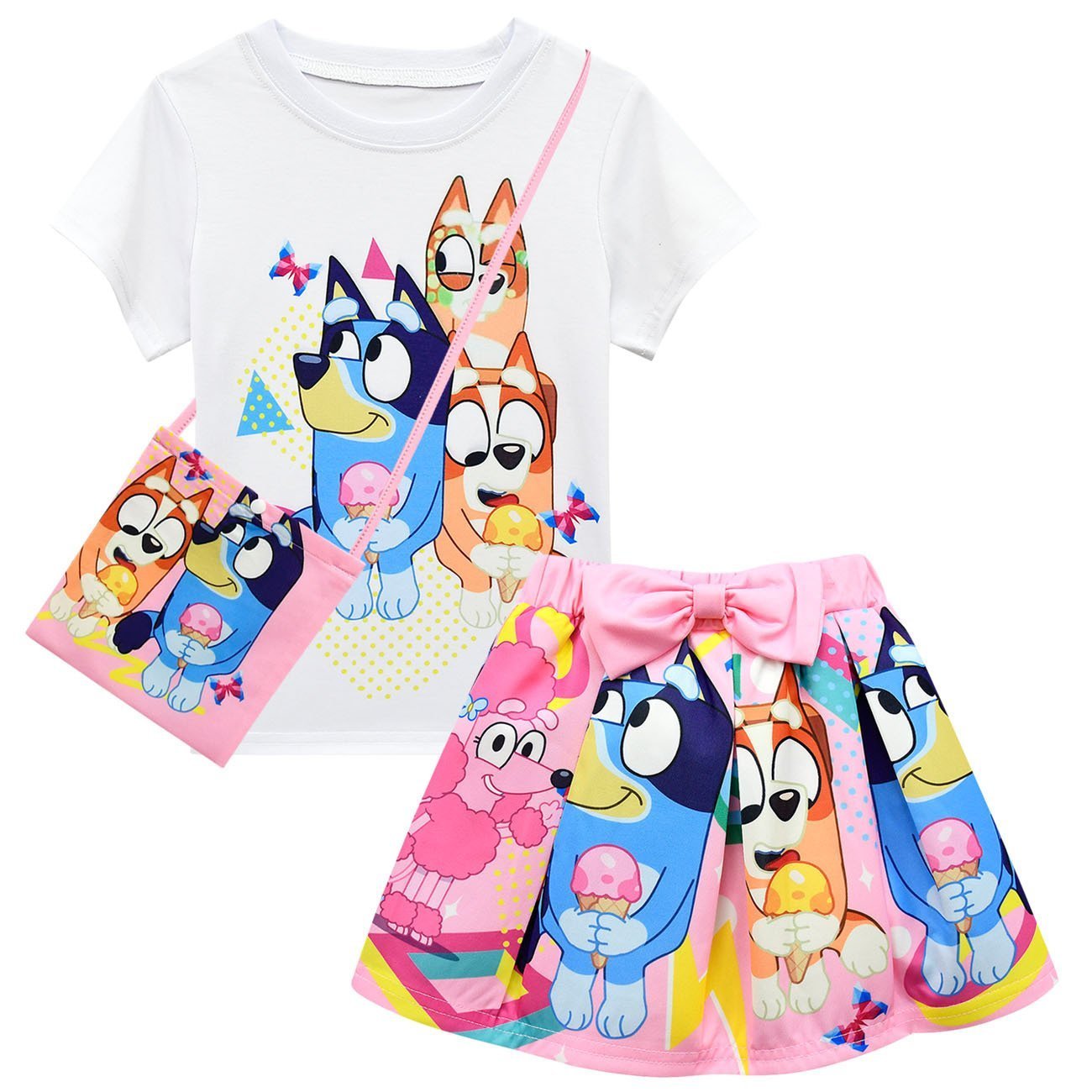 Bruy Short Sleeve Cartoon Pleated Skirt Bag Hat Set - Azufun