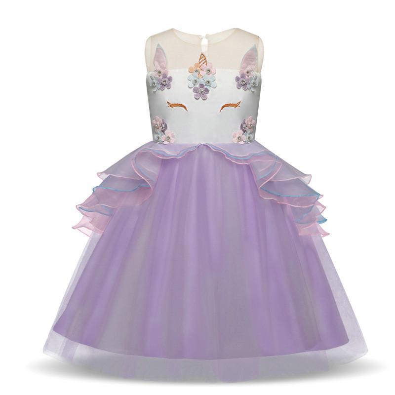 Unicorn Flower Applique Tulle Sleeveless Princess birthday Dress - Azufun