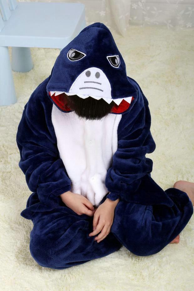 Blue Shark Kigurumi Pajamas Onesie Kid Flannel Animal Hoodie - Azufun