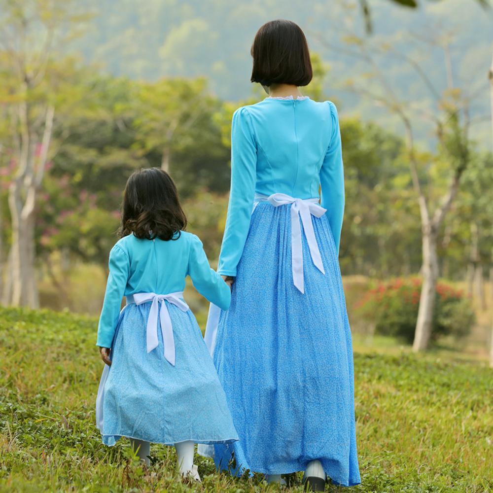 Farm Picnic Light Blue Long Sleeve Polka Dot cosplay costumes dress for mom and me - Azufun