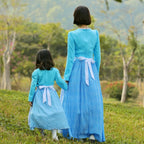 Farm Picnic Light Blue Long Sleeve Polka Dot cosplay costumes dress for mom and me - Azufun