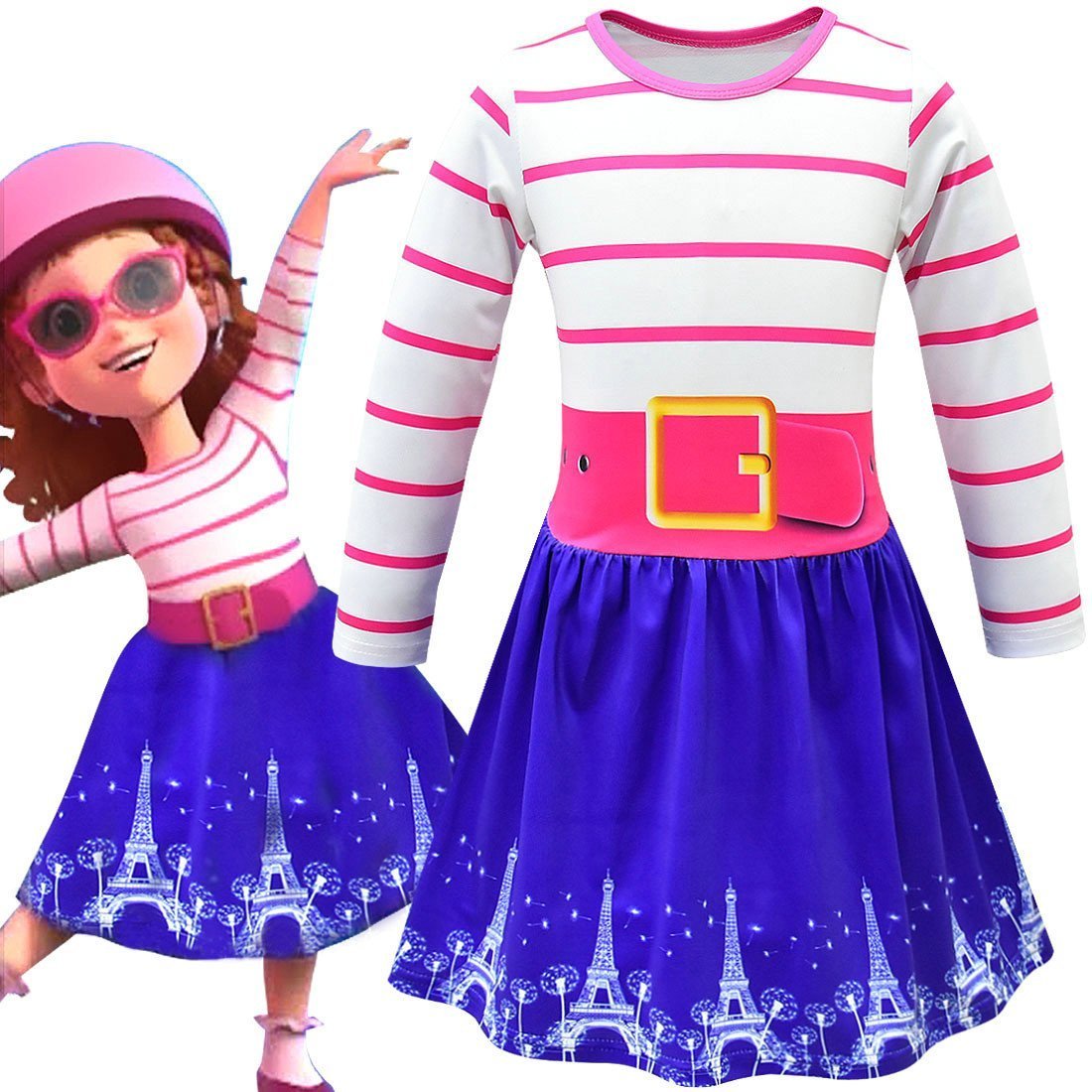 Fancy Nancy Cosplay Striped Long Sleeve Dress for Kids - Azufun