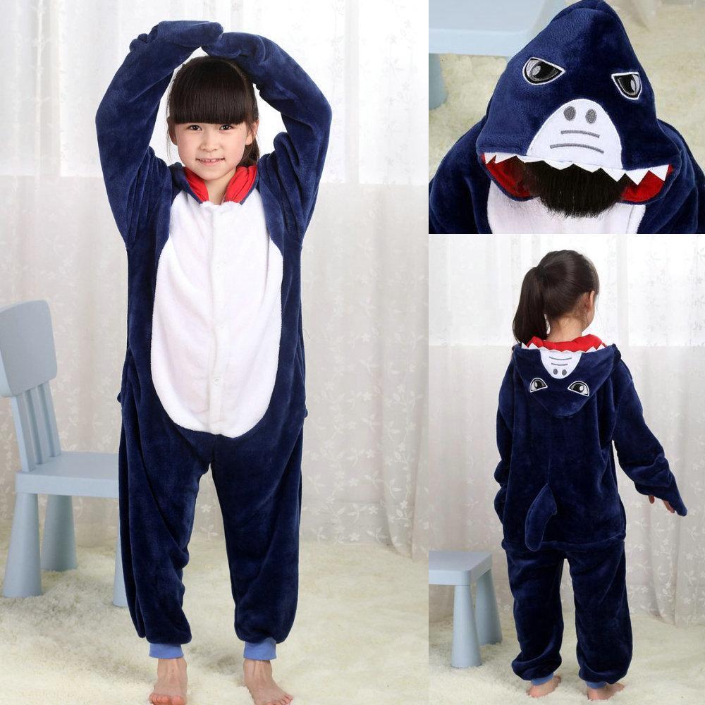 Blue Shark Kigurumi Pajamas Onesie Kid Flannel Animal Hoodie - Azufun