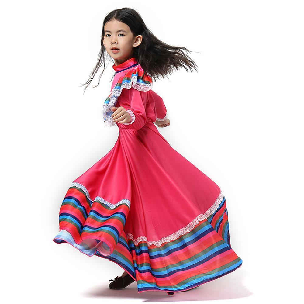 Traditional Mexican Rose Red Cosplay Costume Long Skirt Dance Halloween Party Game Dress for Girls