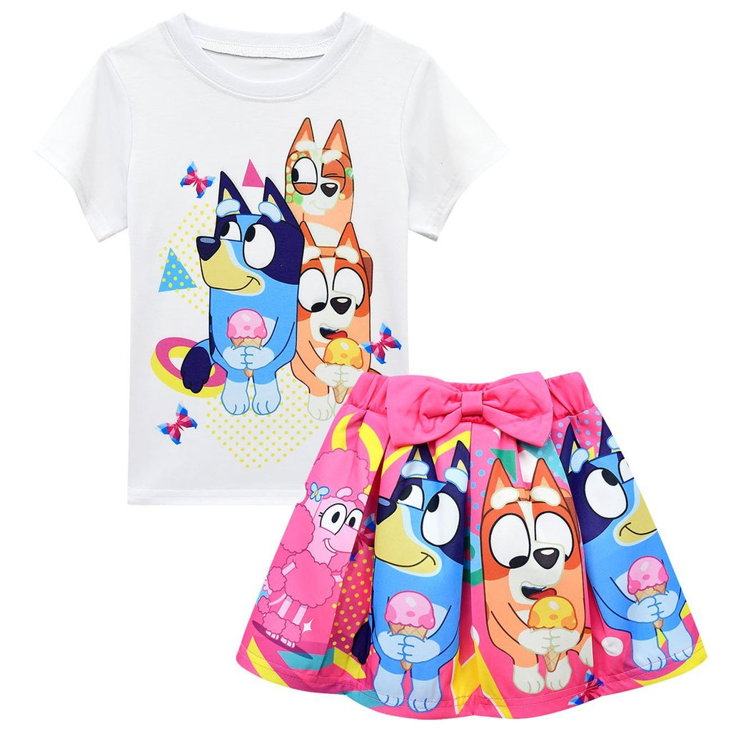 Bruy Short Sleeve Cartoon Pleated Skirt Bag Hat Set - Azufun