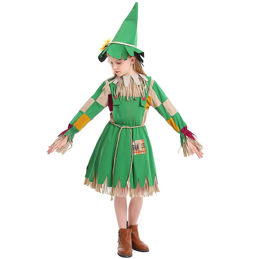 green girl fringed puppet scarecrow costumes dress for Kids - Azufun