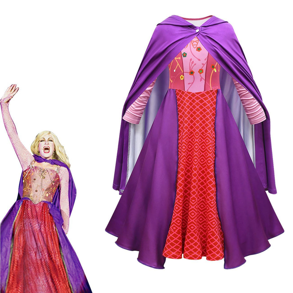 Girls' Hocus Pocus Sarah Sanderson Cosplay Costumes long dress cape Halloween Outfit For Kids - Azufun