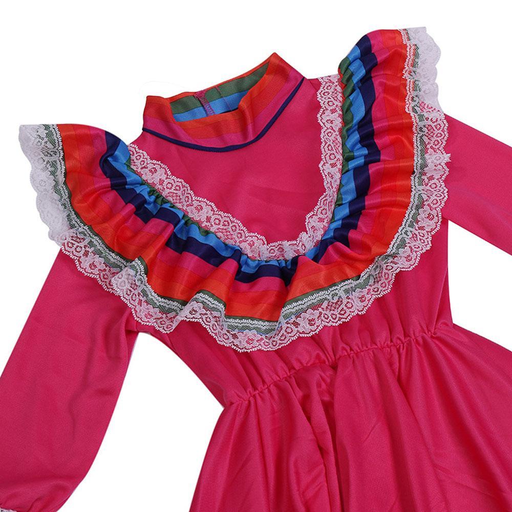 Traditional Mexican Rose Red Cosplay Costume Long Skirt Dance Halloween Party Game Dress for Girls