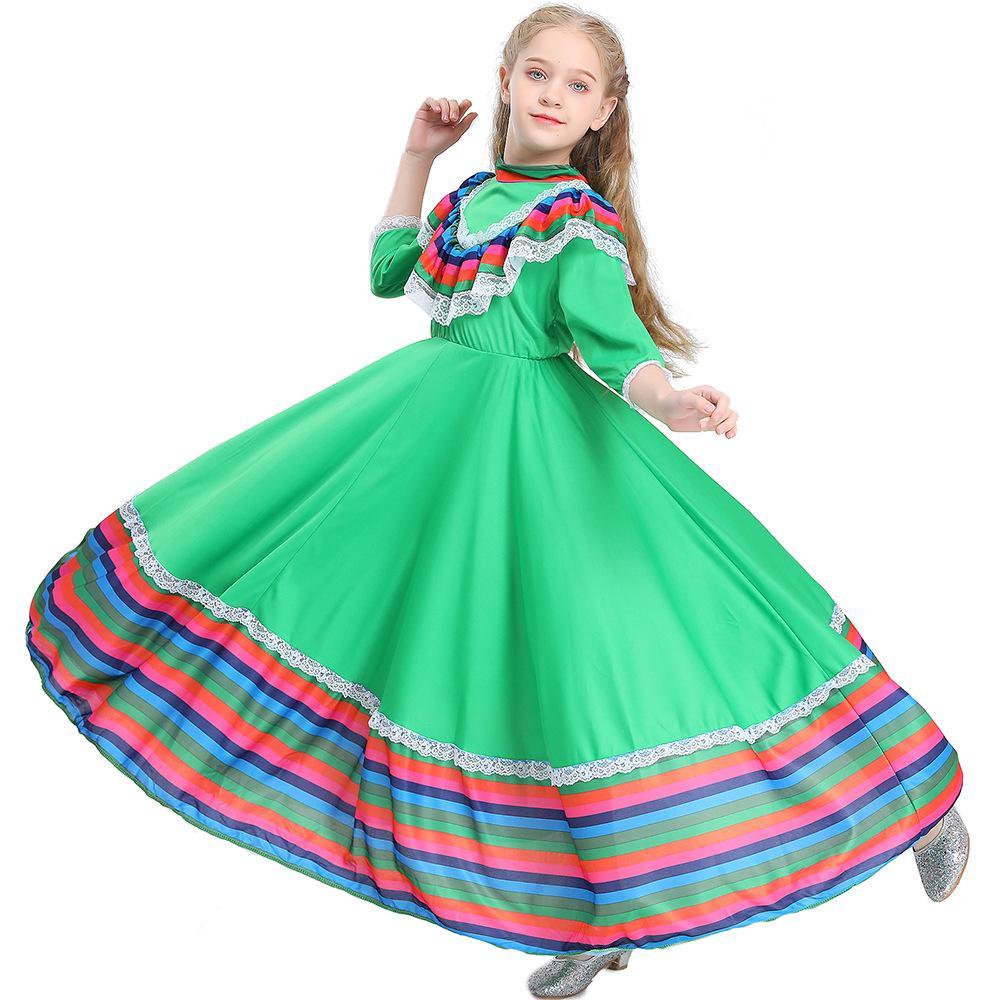 Bright Traditional Mexican Folk Costume Dance Big Swing Dress Stage Performance Skirt for Girls