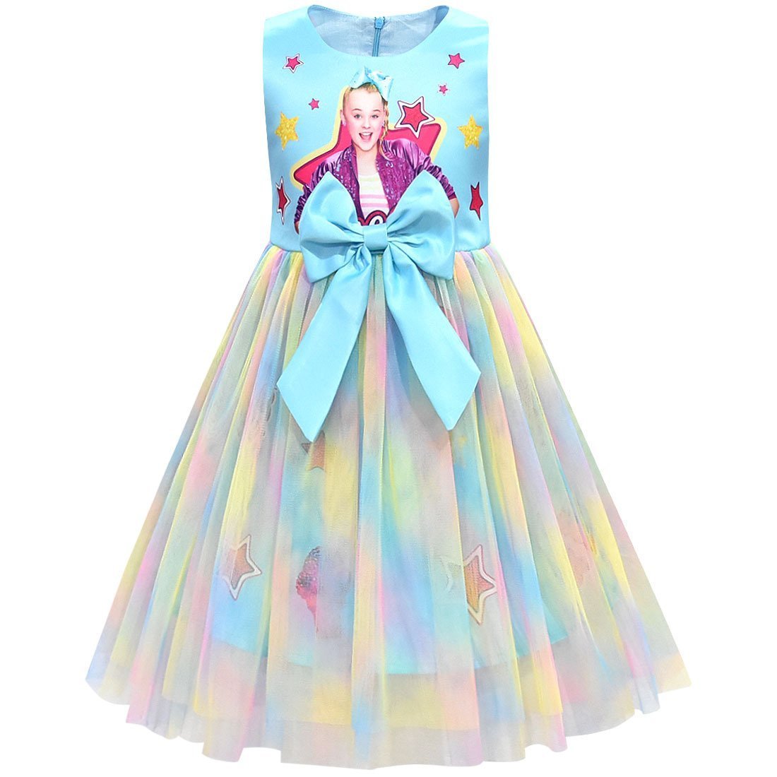 Girls Jojo Siwa Bow Dress Kids Party Birthday Mesh Princess Dress - Azufun