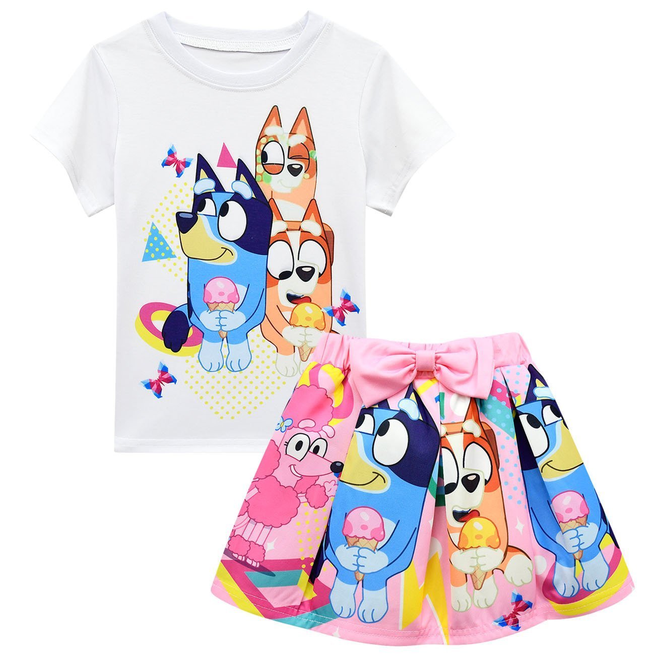 Bruy Short Sleeve Cartoon Pleated Skirt Bag Hat Set - Azufun