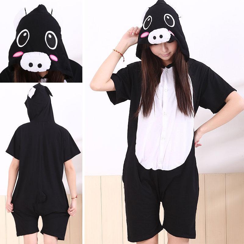 Black Pig Pajamas Animal Onesie Hoodie Kigurumi Short Sleeve - Azufun
