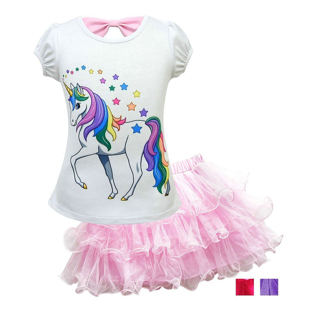 Unicorn Cartoon Mesh Tutu Dress Short Sleeve T-shirt Set for Kids - Azufun
