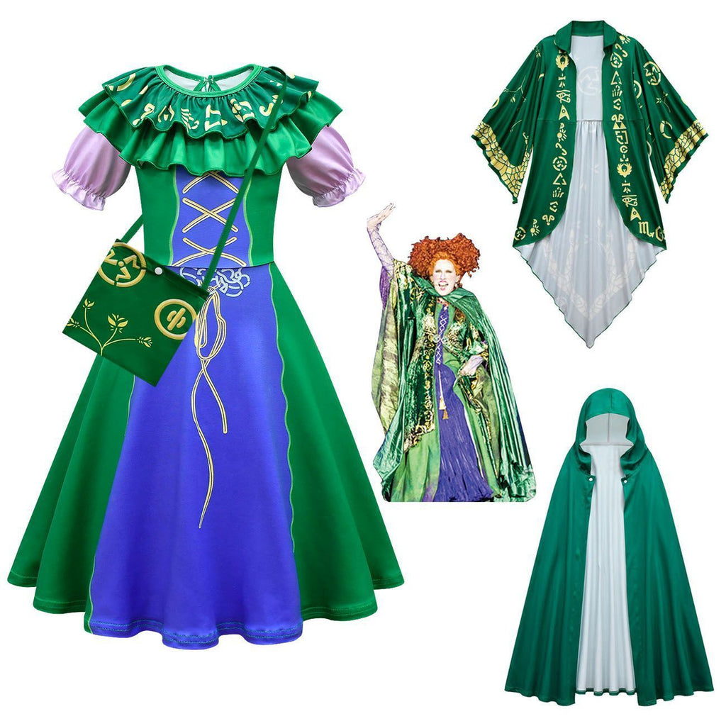 Green Hocus Pocus Winifred Sanderson Cosplay Suit Costume Dress Outfits for kids - Azufun