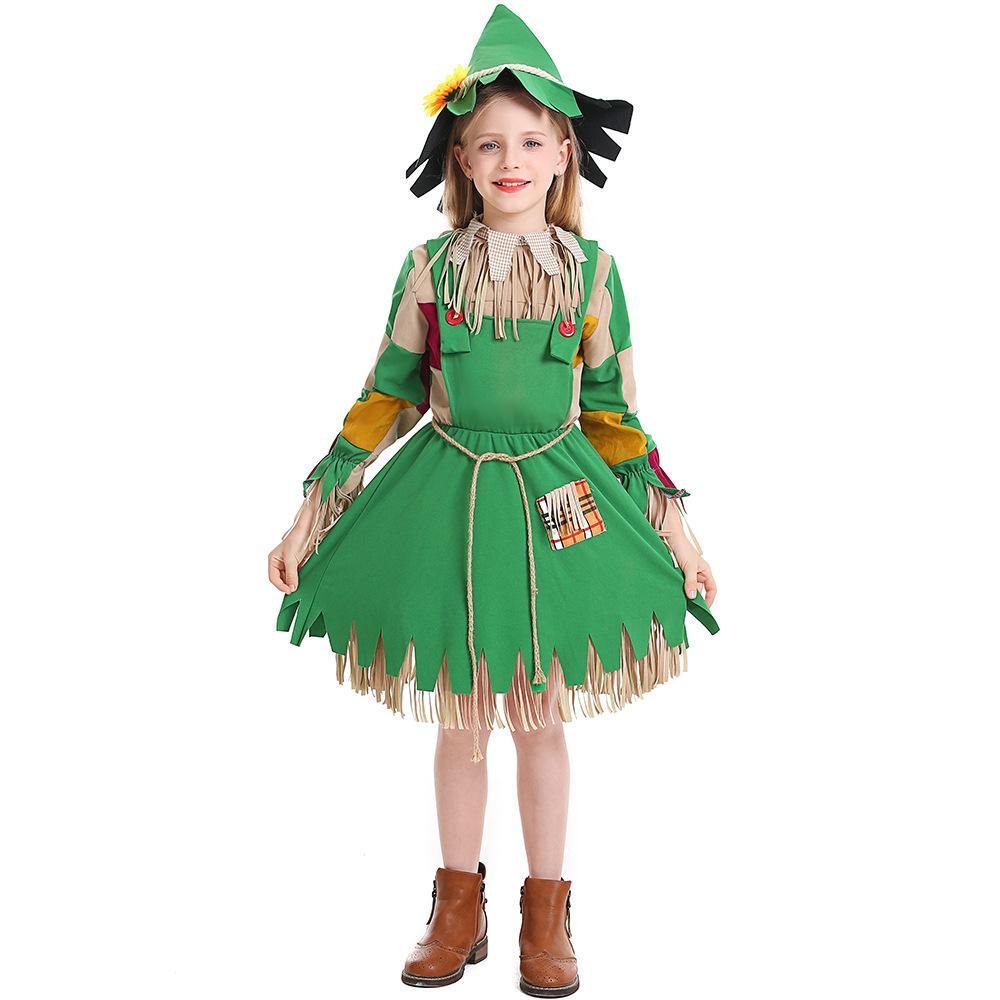 green girl fringed puppet scarecrow costumes dress for Kids - Azufun