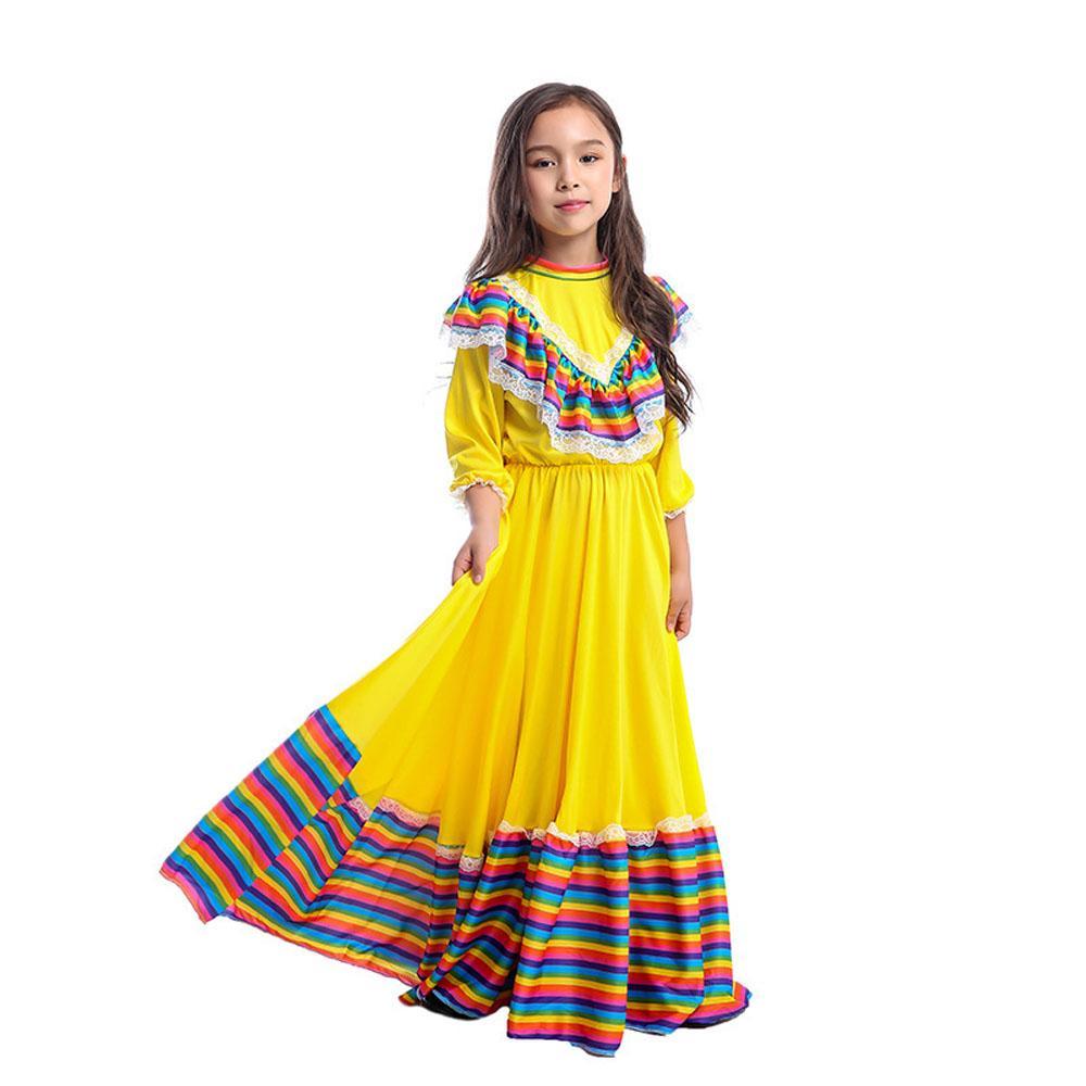 Traditional Mexican Costume Yellow Long Gypsy Dress Flamenco Dance Skirt Halloween Party for Girls