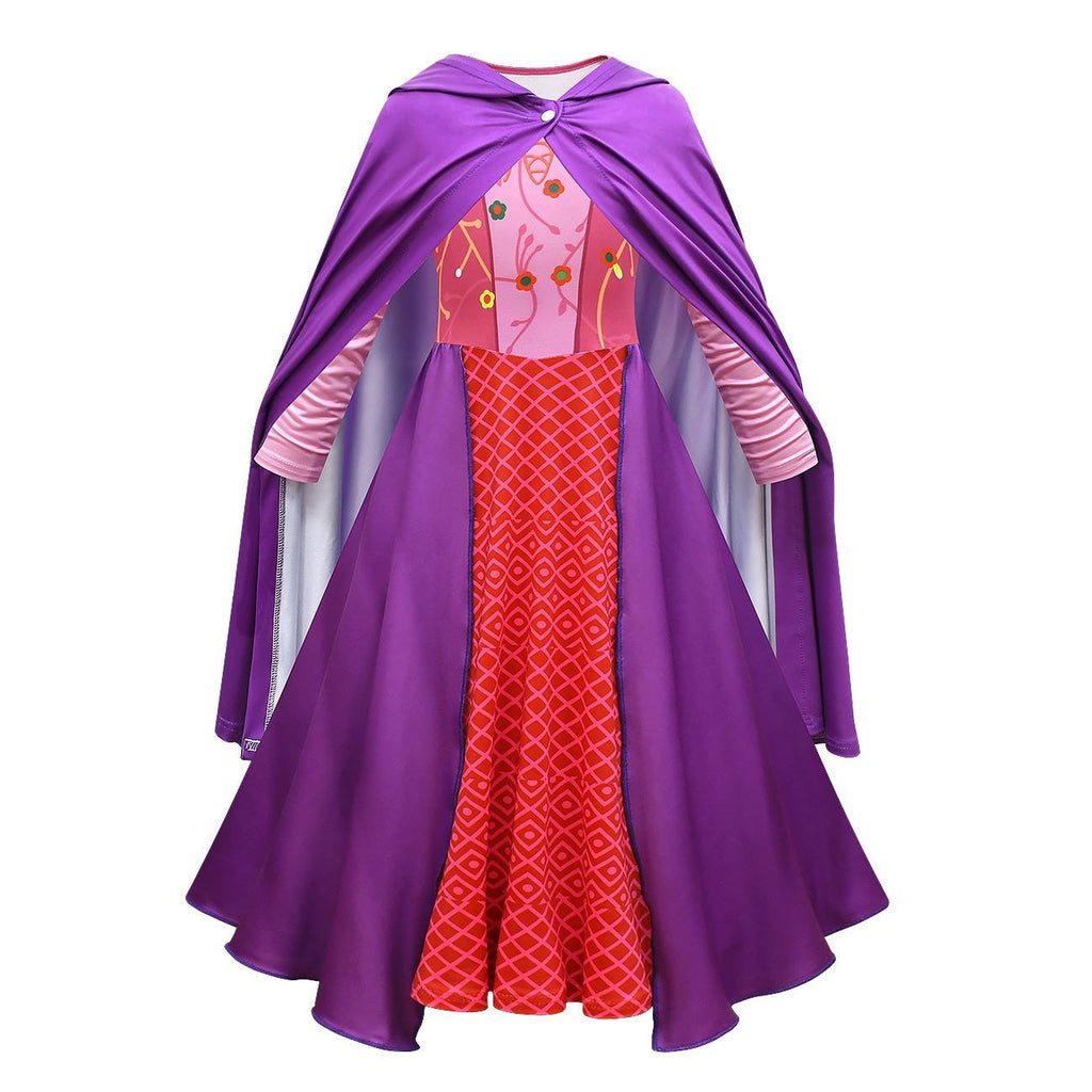 Girls' Hocus Pocus Sarah Sanderson Cosplay Costumes long dress cape Halloween Outfit For Kids - Azufun