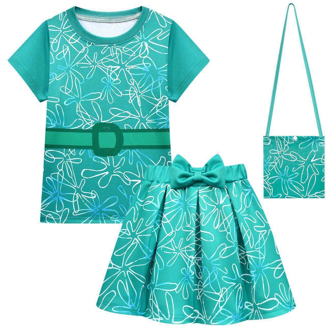 Kids' Inside Out Disgust Cosplay Costume Set Short Sleeve Pleated Dress with Bag - Azufun