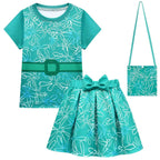 Kids' Inside Out Disgust Cosplay Costume Set Short Sleeve Pleated Dress with Bag - Azufun